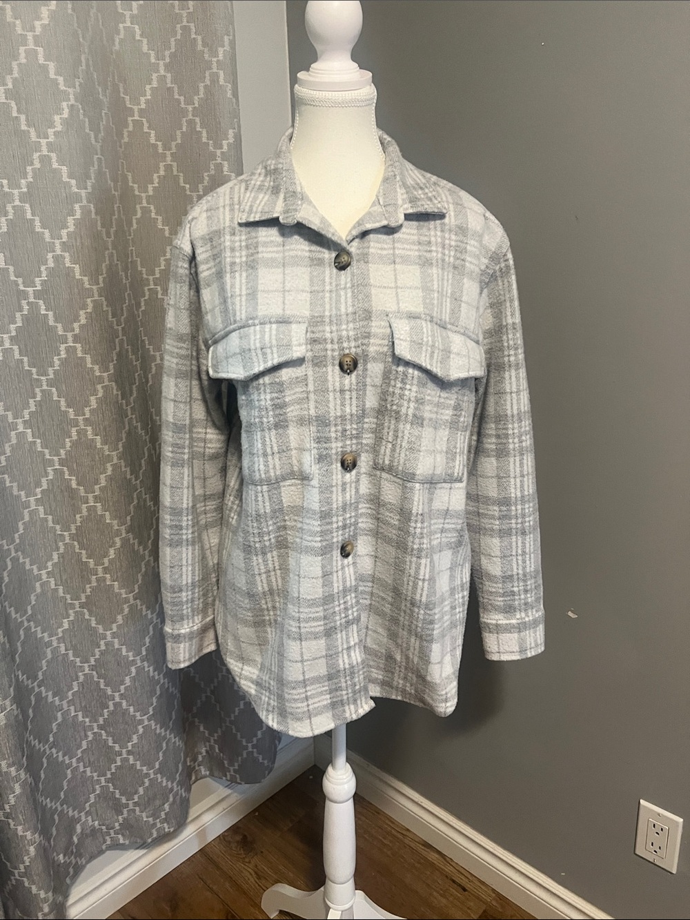 Gray and White Plaid Button-Up Shacket